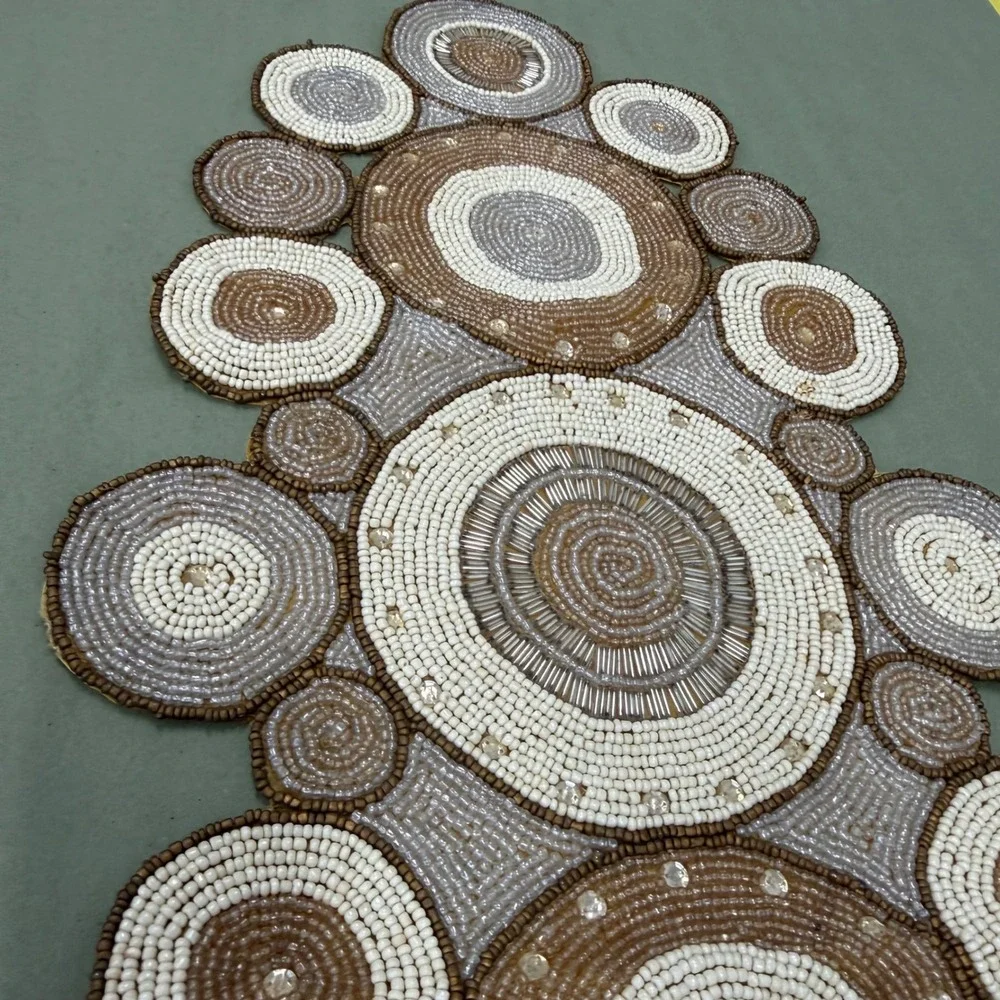 Pier 1 Imports Beaded Table Runner Neutral Bronze Silver Gold Circles Boho